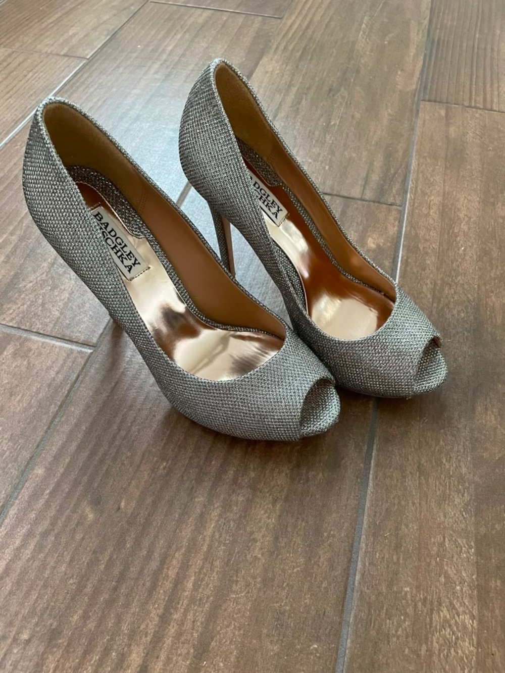 Badgley Mischka Silver Open-Toe Sparkle Pumps